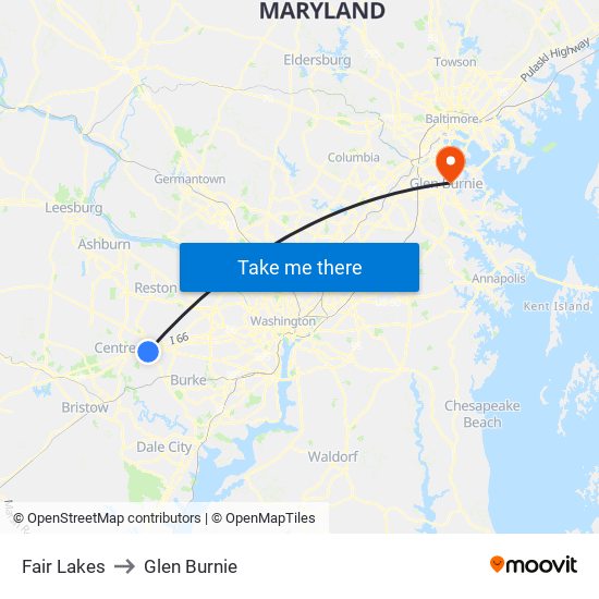 Fair Lakes to Glen Burnie map