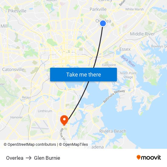 Overlea to Glen Burnie map