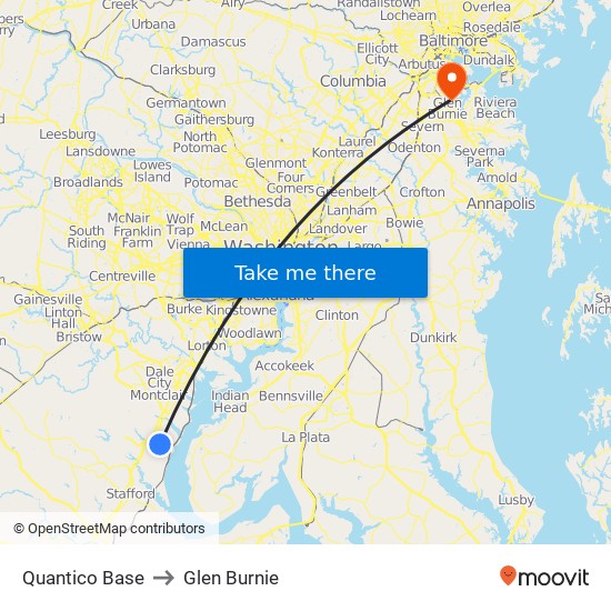 Quantico Base to Glen Burnie map