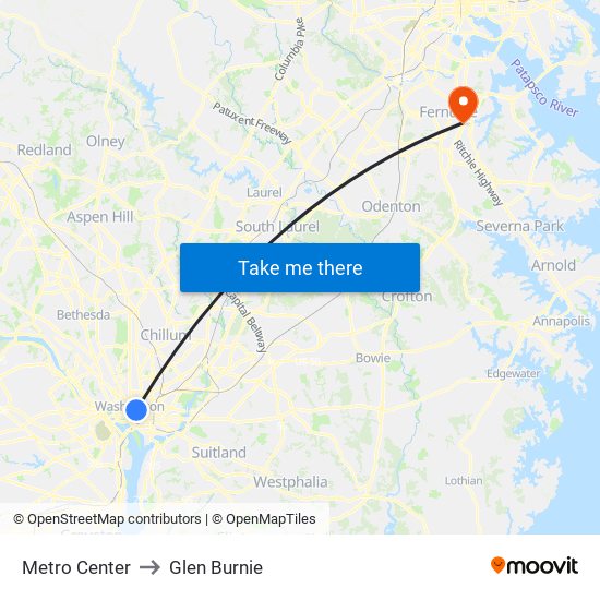 Metro Center to Glen Burnie map