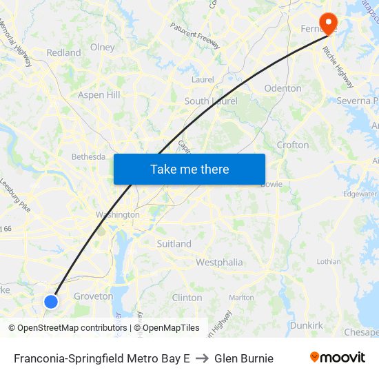 Franconia-Springfield Metro Bay E to Glen Burnie map