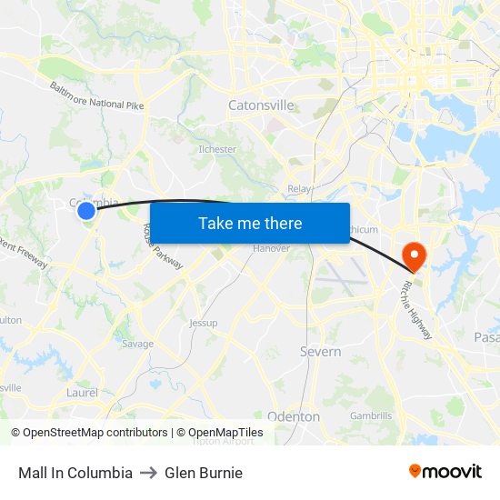 Mall In Columbia to Glen Burnie map