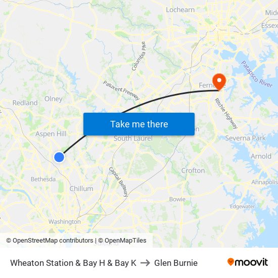 Wheaton Station  & Bay H & Bay K to Glen Burnie map