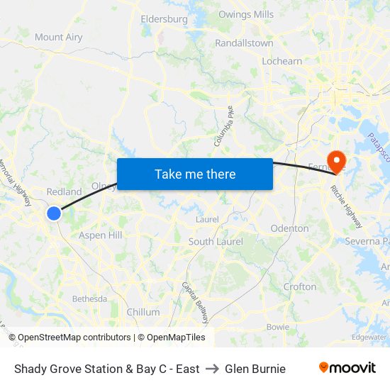 Shady Grove Station & Bay C - East to Glen Burnie map