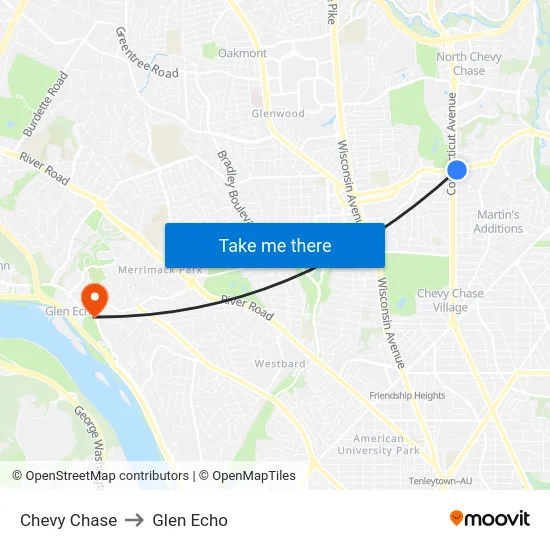 Chevy Chase to Glen Echo map