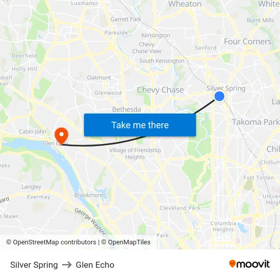Silver Spring to Glen Echo map