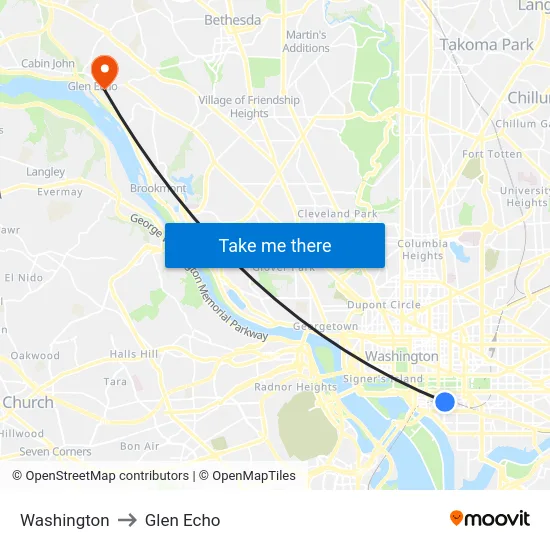 Washington to Glen Echo map