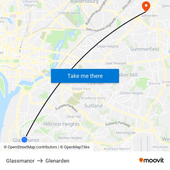 Glassmanor to Glenarden map