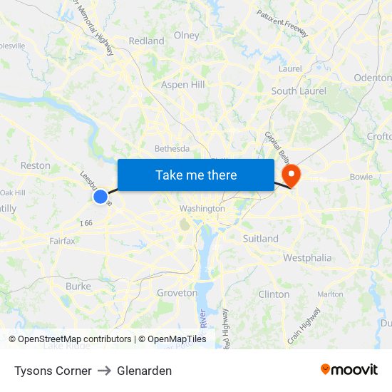 Tysons Corner to Glenarden map