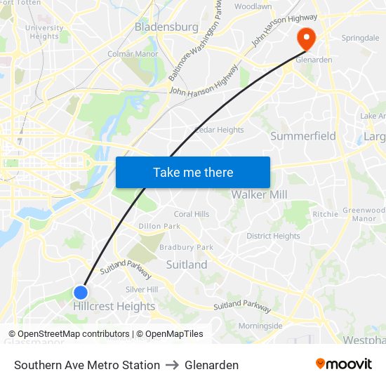 Southern Ave Metro Station to Glenarden map