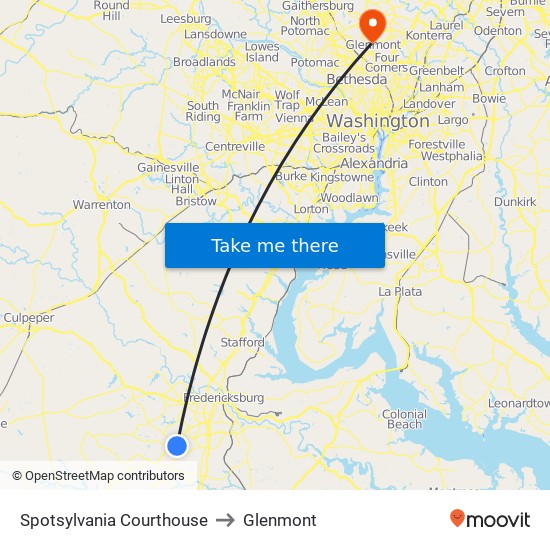 Spotsylvania Courthouse to Glenmont map