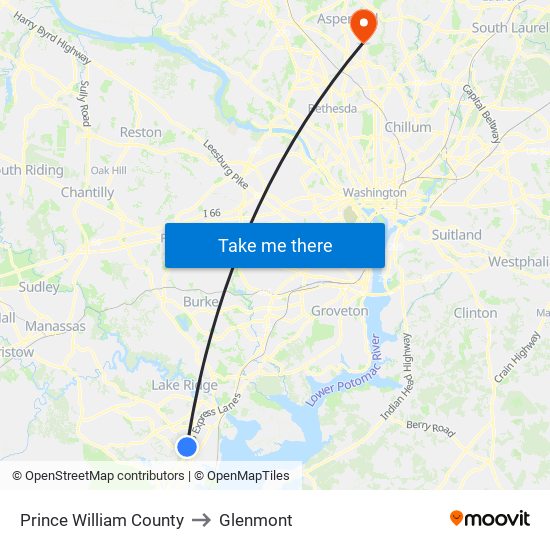 Prince William County to Glenmont map