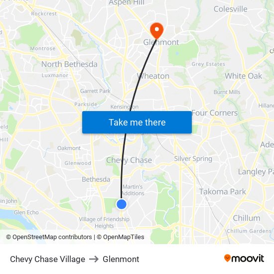 Chevy Chase Village to Glenmont map