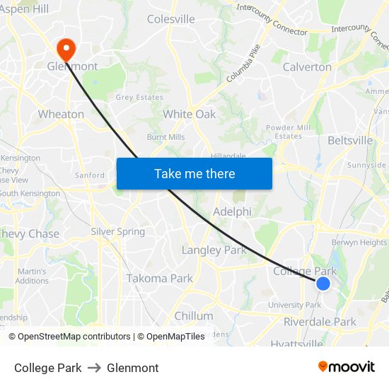 College Park to Glenmont map