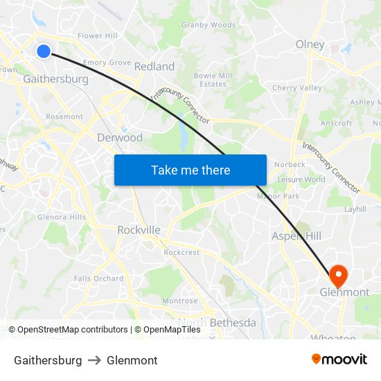 Gaithersburg to Glenmont map