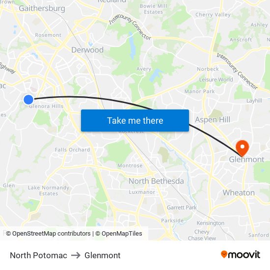 North Potomac to Glenmont map