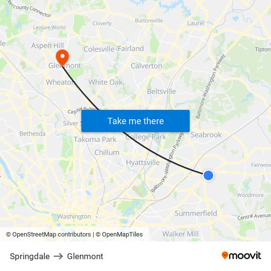 Springdale to Glenmont map