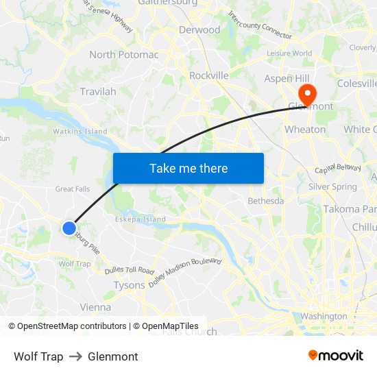 Wolf Trap to Glenmont map