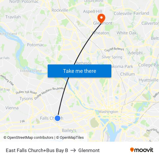 East Falls Church+Bay B to Glenmont map