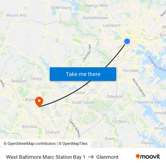 West Baltimore Marc Station Bay 1 to Glenmont map