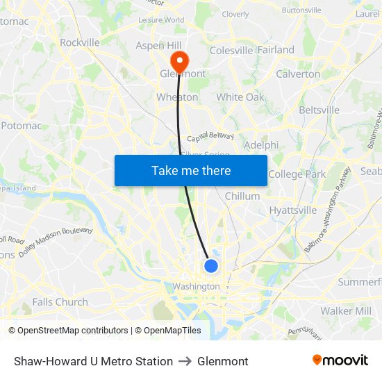 Shaw-Howard U Metro Station to Glenmont map