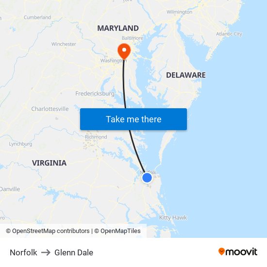 Norfolk to Glenn Dale map