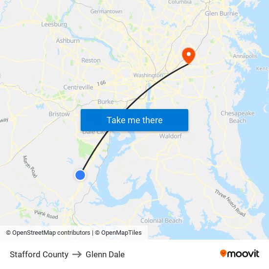 Stafford County to Glenn Dale map