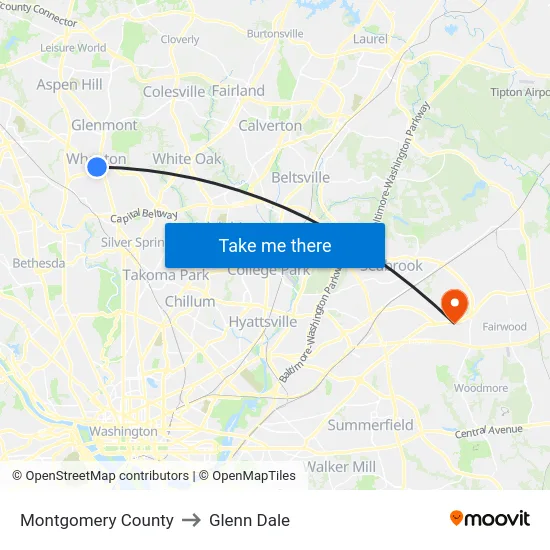 Montgomery County to Glenn Dale map