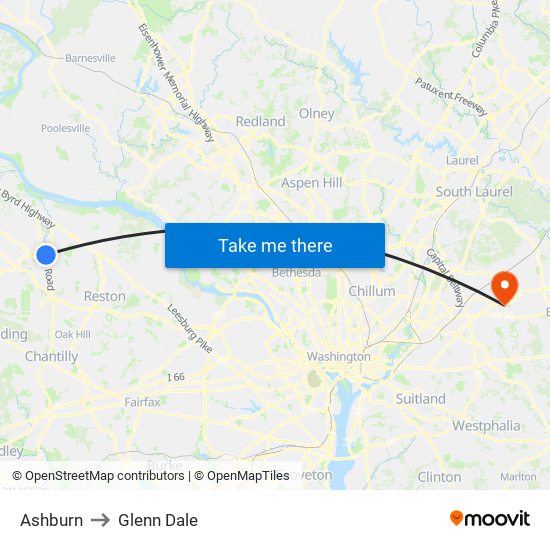 Ashburn to Glenn Dale map