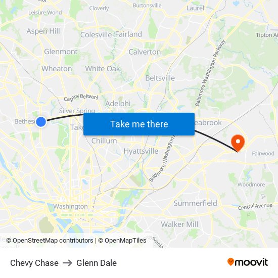 Chevy Chase to Glenn Dale map