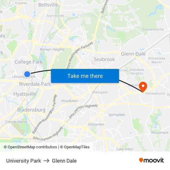 University Park to Glenn Dale map