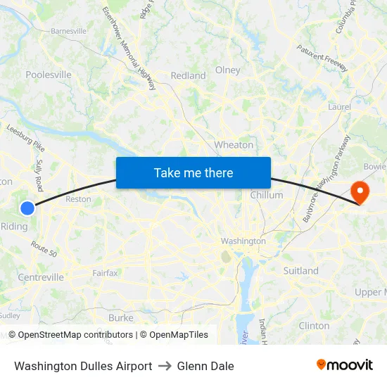 Washington Dulles Airport to Glenn Dale map