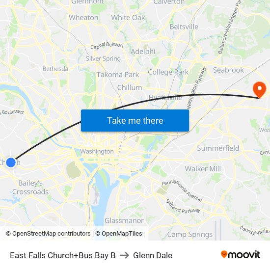 East Falls Church+Bay B to Glenn Dale map