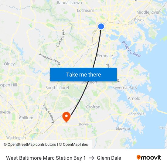 West Baltimore Marc Station Bay 1 to Glenn Dale map