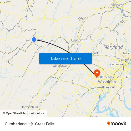 Cumberland to Great Falls map