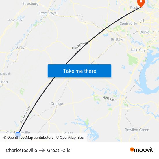Charlottesville to Great Falls map