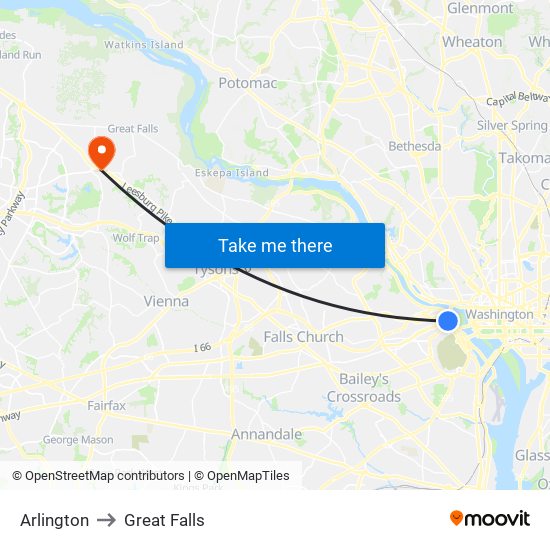 Arlington to Great Falls map