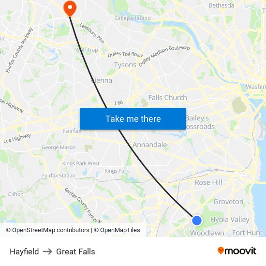Hayfield to Great Falls map