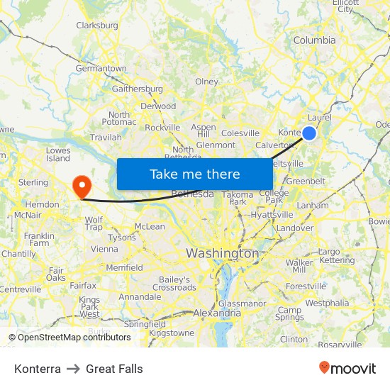 Konterra to Great Falls map