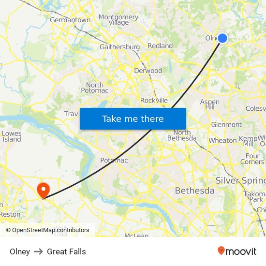 Olney to Great Falls map