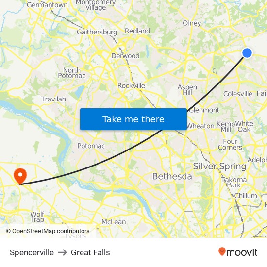 Spencerville to Great Falls map