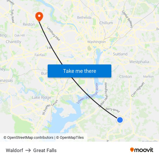 Waldorf to Great Falls map