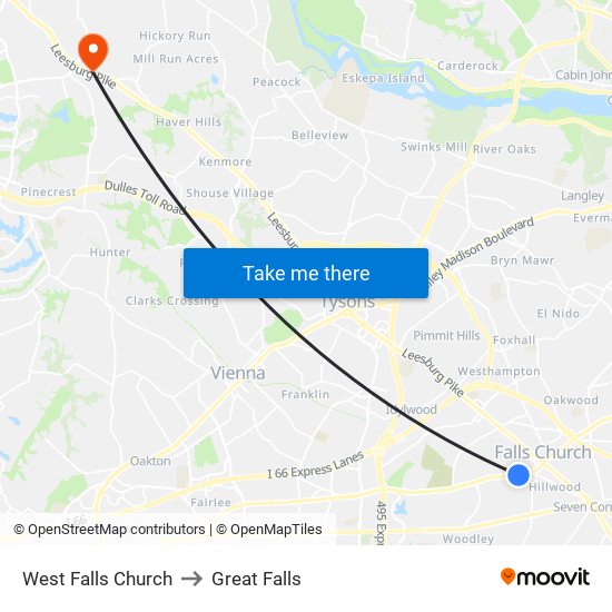 West Falls Church to Great Falls map