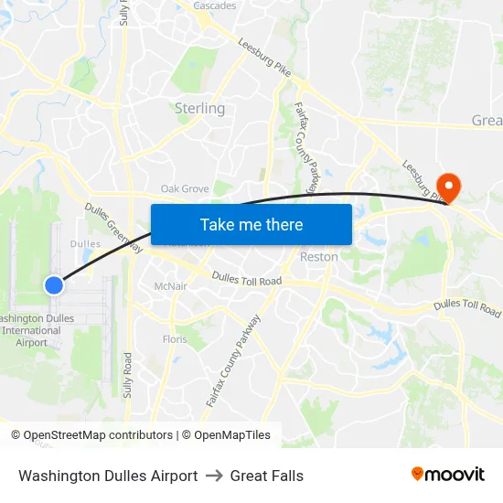 Washington Dulles Airport to Great Falls map