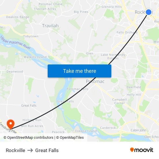 Rockville to Great Falls map