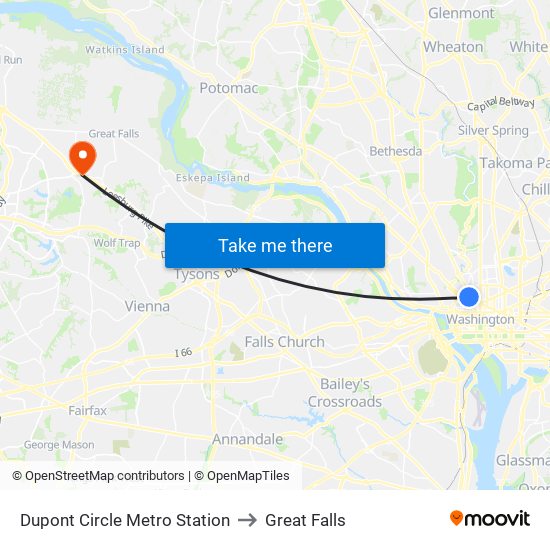 Dupont Circle Metro Station to Great Falls map