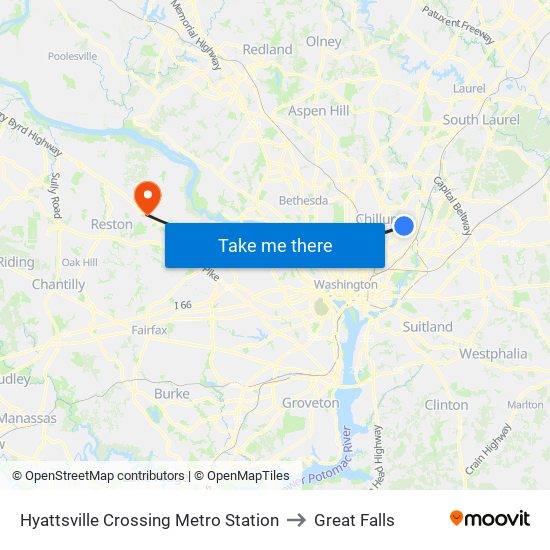 Hyattsville Crossing Metro Station to Great Falls map