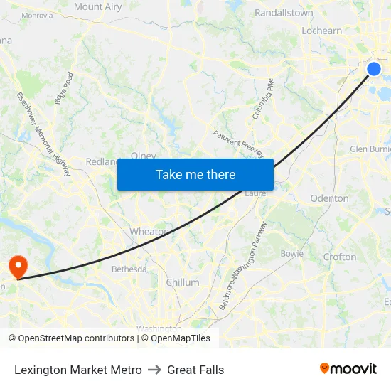 Lexington Market Metro to Great Falls map