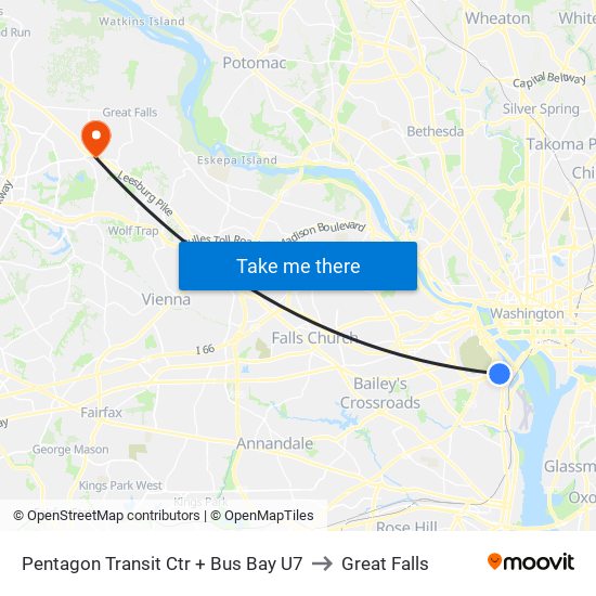 Pentagon Transit Ctr + Bus Bay U7 to Great Falls map