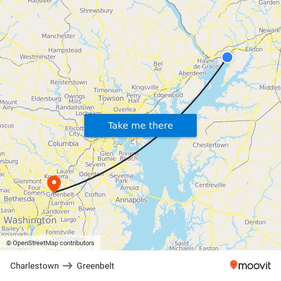 Charlestown to Greenbelt map